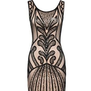 Flapper! Beaded! Lace! Fringe! Black & nude dress!